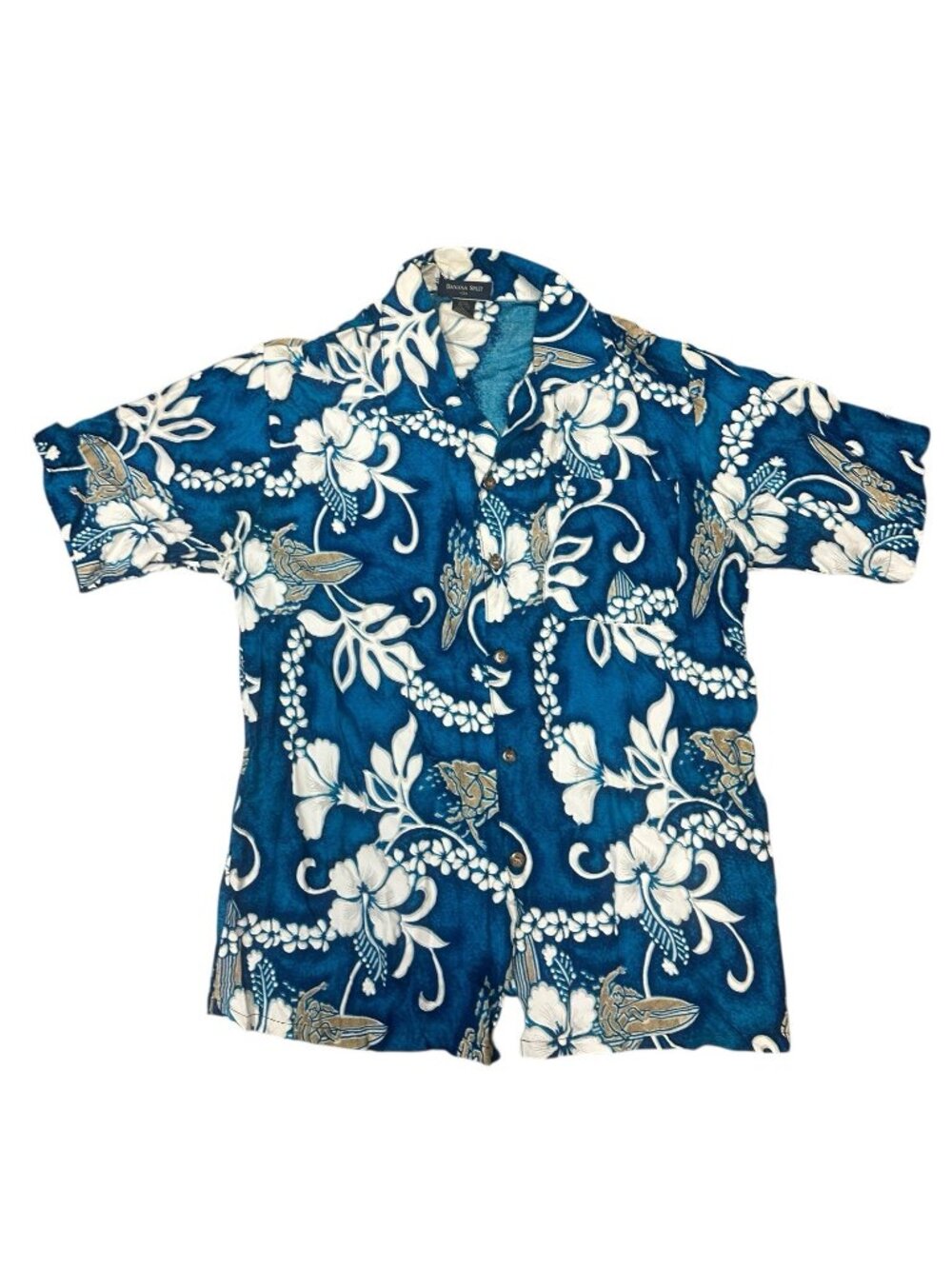Vintage Hawaiian Shirt Banana Split XL Hibiscus Floral‎ Blue White Rayon Aloha